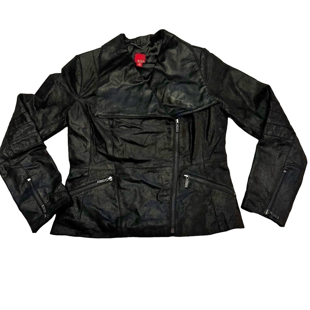 G.I.L.I. Black Leather Jacket Coat Moto Size XS Pockets Zipper on Sleeves NEW